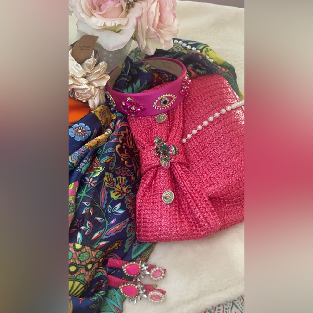 Pink Woven Clutch with Jewel Accents